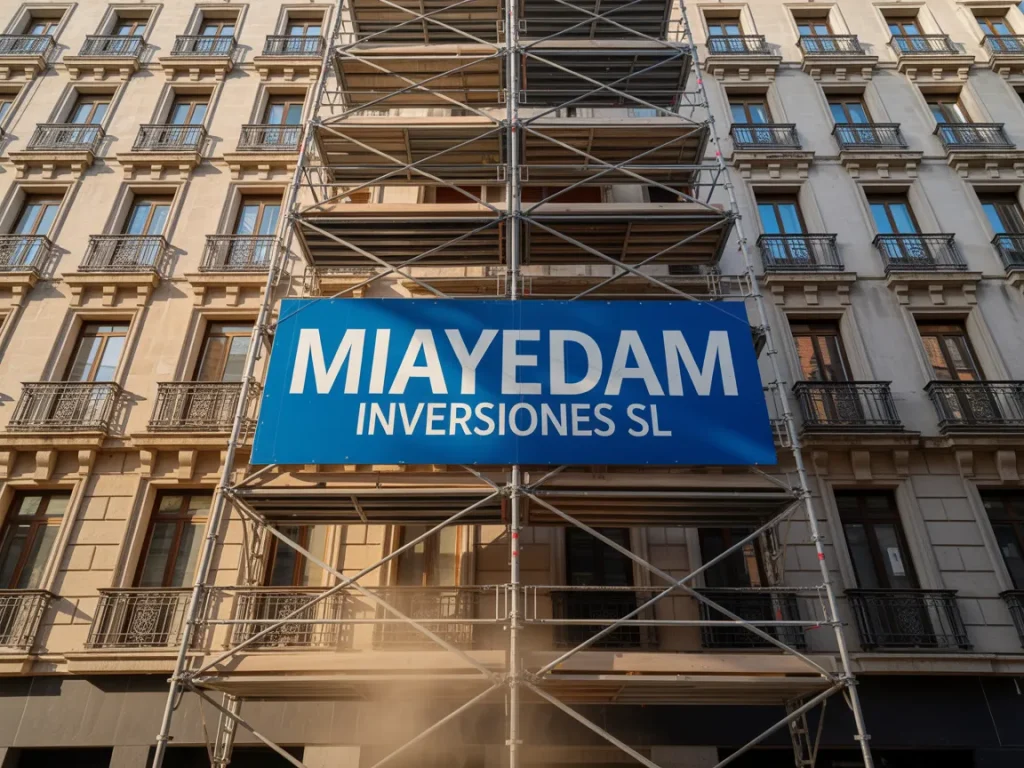 Lona de Miayedam Inversiones en el andamio de una obra de rehabilitación de fachada