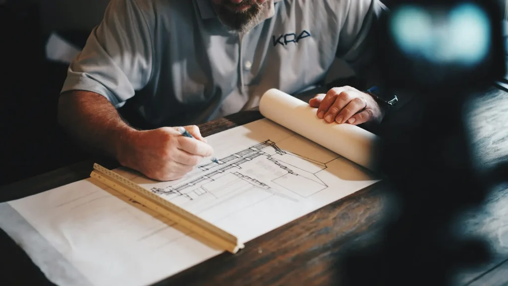 Técnico revisando los planos de un proyecto de construcción